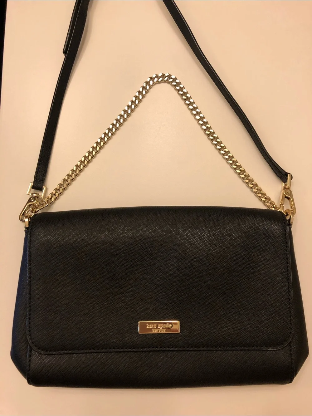 Kate Spade Black Saffiano Leather Crossbody & Gold Chain Strap Purse
